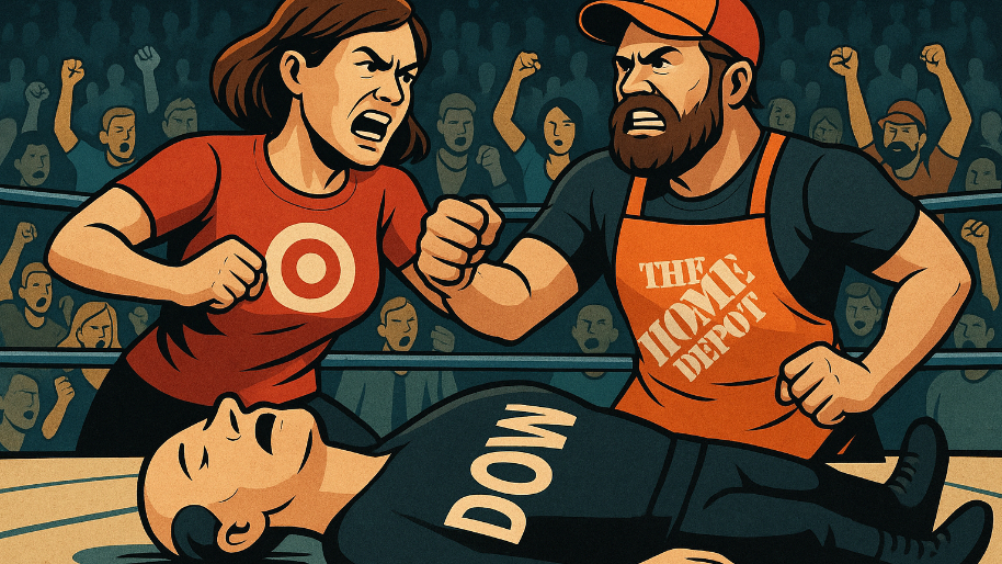 Dow Plays Dead As Target Moms and Home Depot Dads Square Off in “The Big Box Rumble”