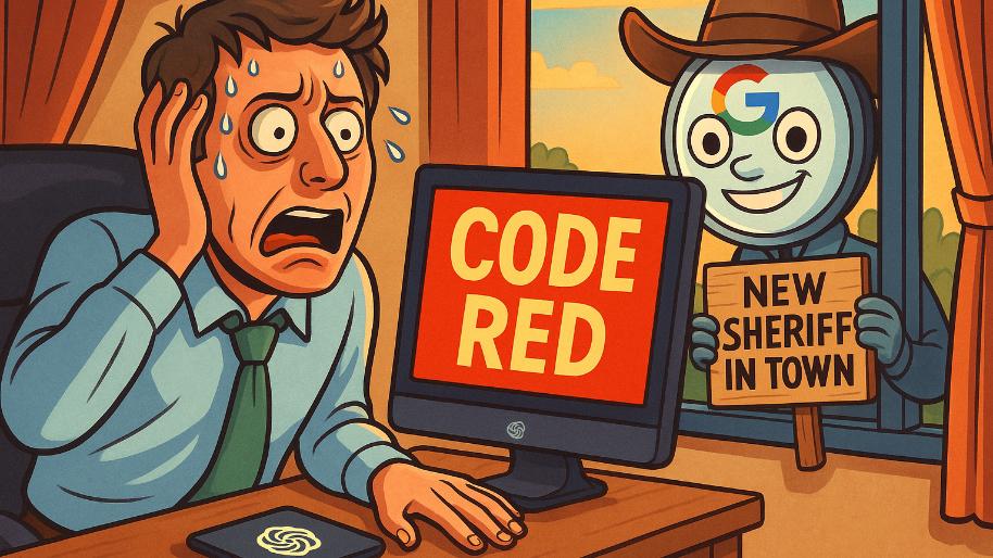 Altman Hits Code Red as Gemini 3 Peeks Through His Window Holding a “New Sheriff in Town” Sign