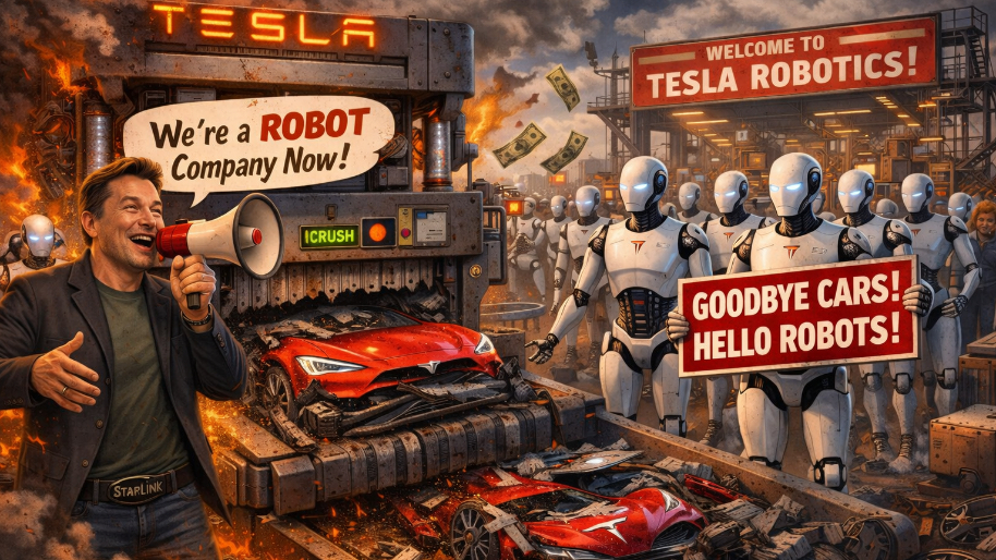 Tesla’s First-Ever Revenue Drop Triggers a Full Identity Crisis (Cars Out, Robots In)
