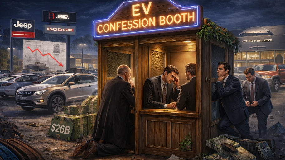 Detroit’s EV Confession Booth Opens as Stellantis Eats $26B in Overbuilt Ambition (-28%)